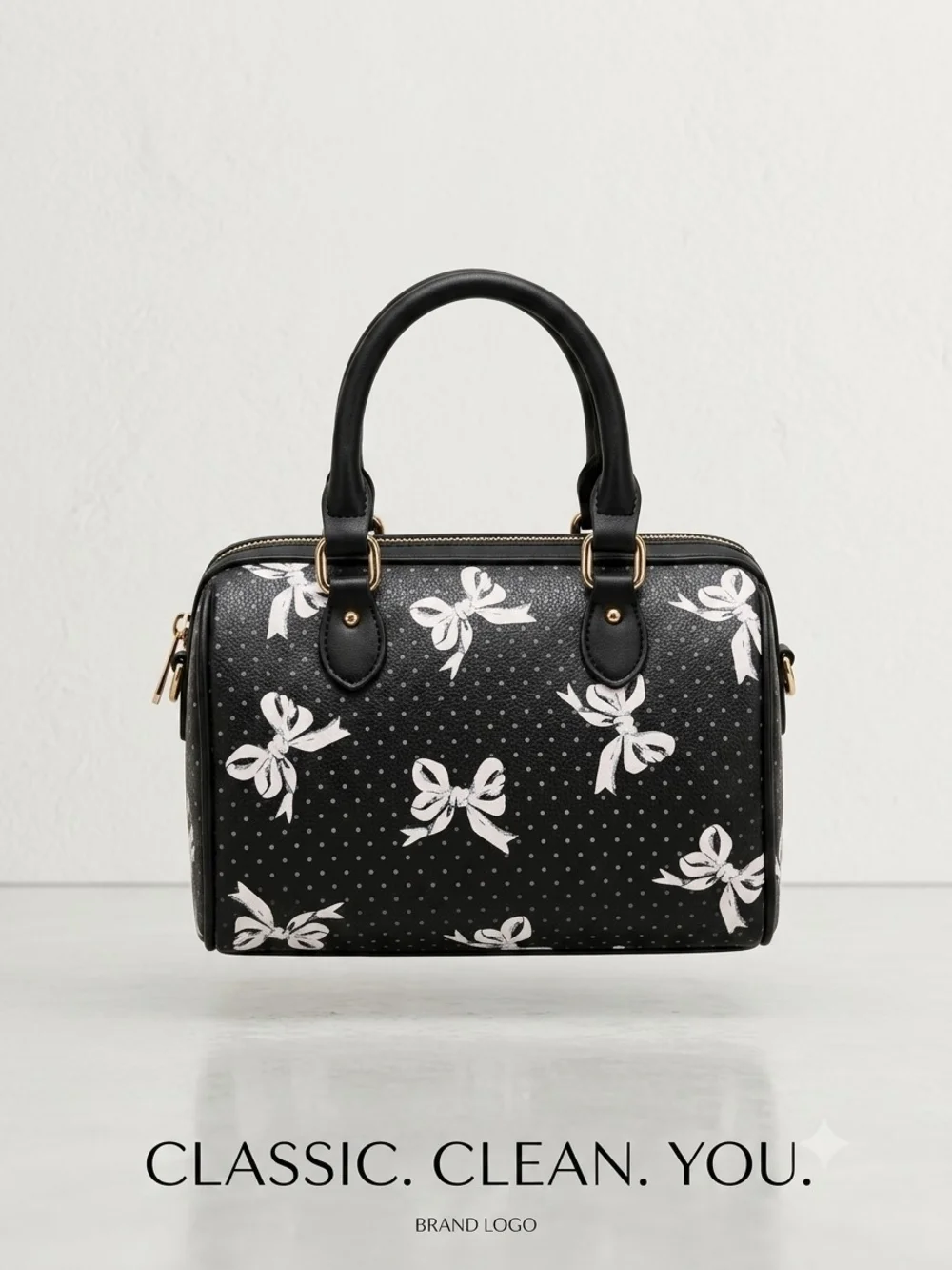 Black Bow-Print Satchel Handbag - Classic Women's Bag